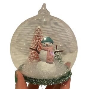 Vintage West German Unsilvered Diorama Christmas Tree Ornament Snowman Pink Tree